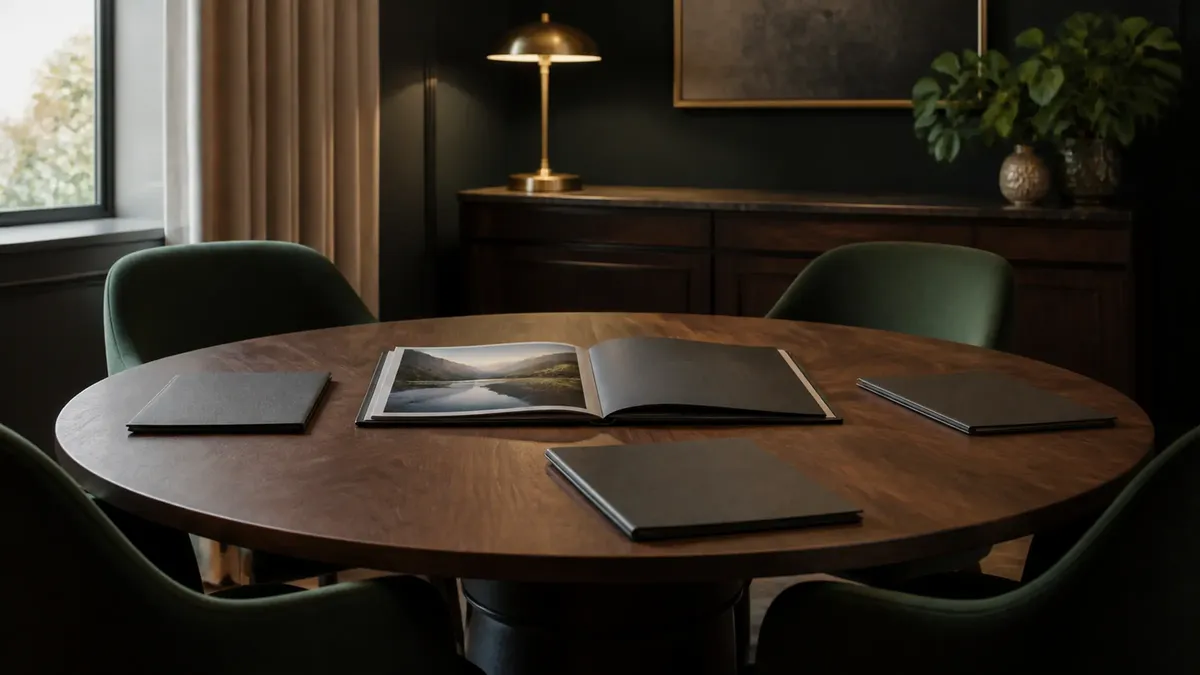 A round walnut meeting table with several closed folios and green chairs in a quiet meeting room