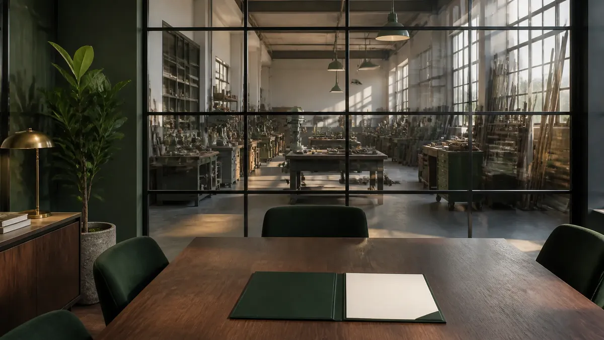 A green folder on a wooden table in a glass-walled office overlooking an industrial workshop floor