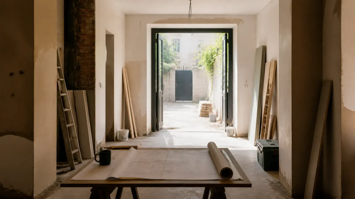 A building under renovation, with ladders, rolled plans on a trestle table and a doorway opening onto a courtyard
