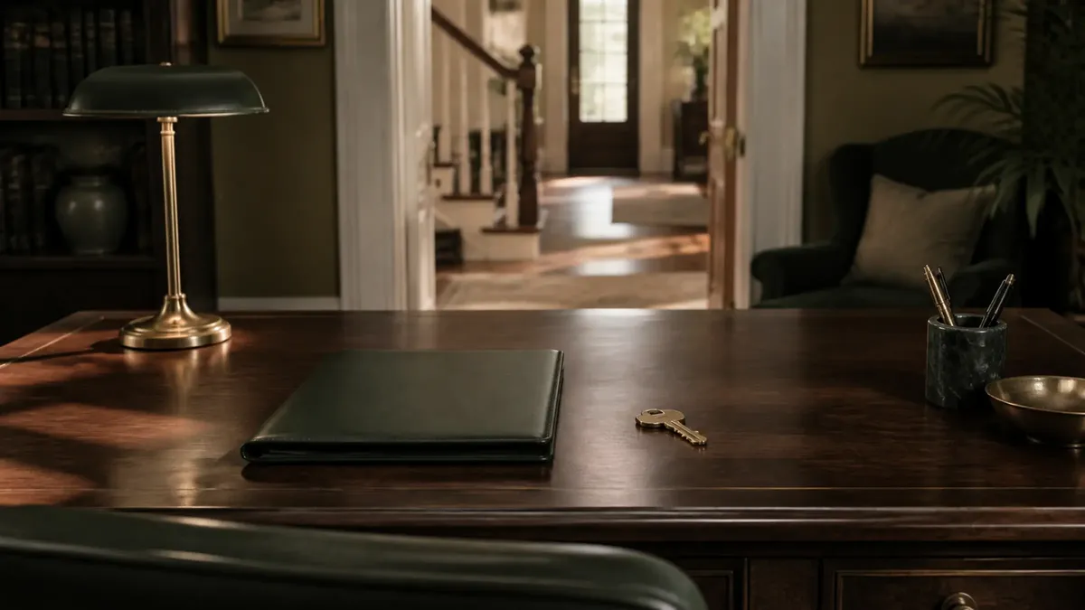 A closed leather folio and a house key resting on a polished wooden desk in a softly lit study