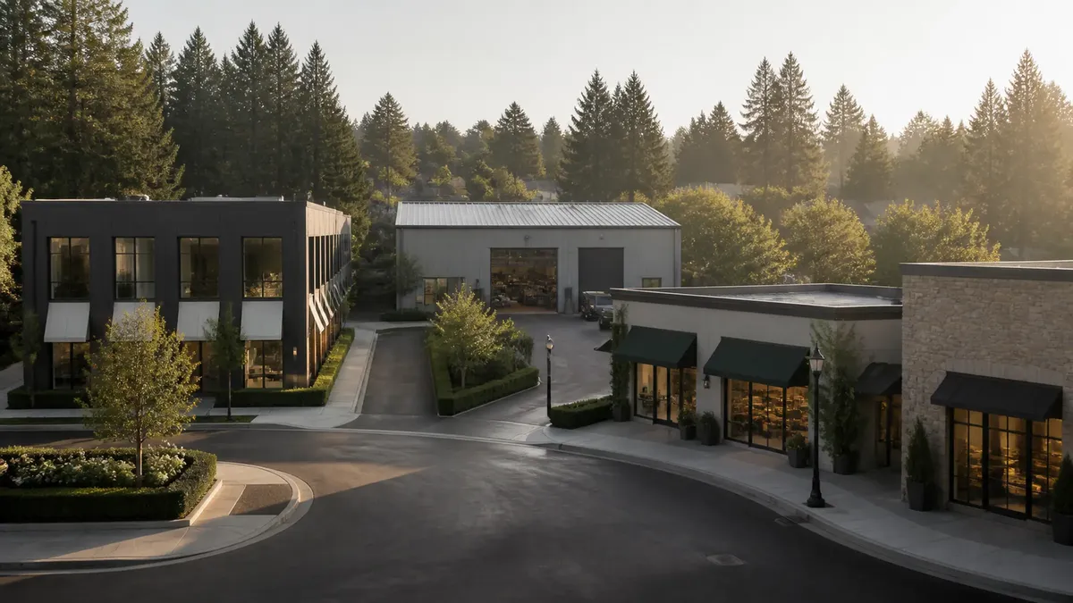 A cluster of small commercial and industrial buildings beside a road, framed by evergreen trees