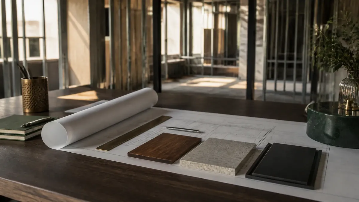 Rolled architectural drawings and material samples of wood and stone laid out on a desk