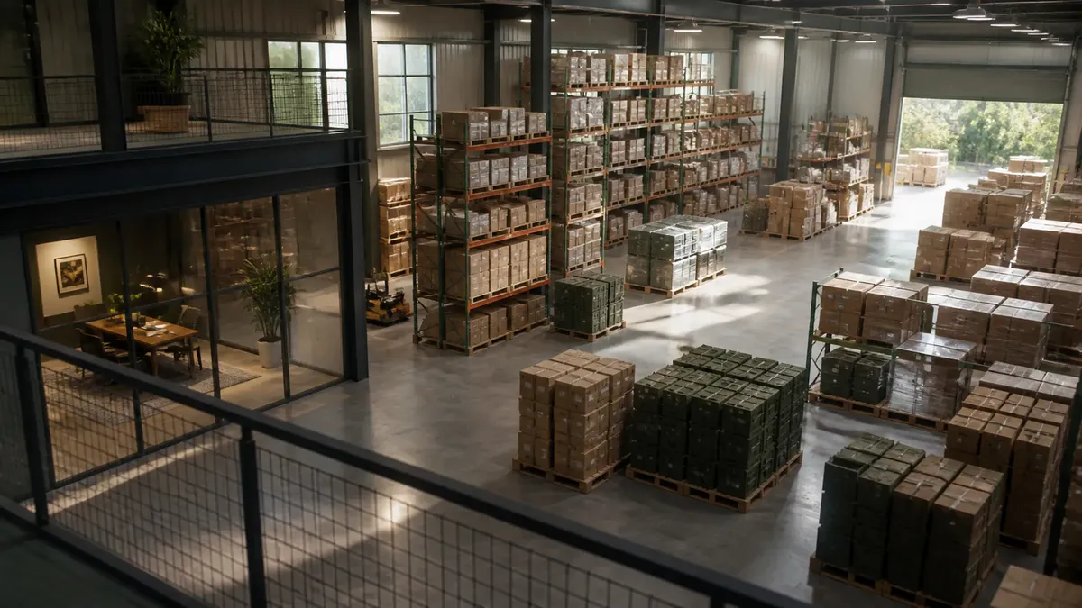 A warehouse floor with tall shelving and stacked pallets of boxed inventory, seen from a mezzanine office