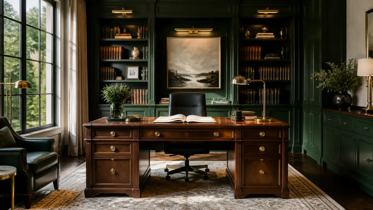 A traditional study with a walnut pedestal desk, green paneled bookshelves and a landscape painting