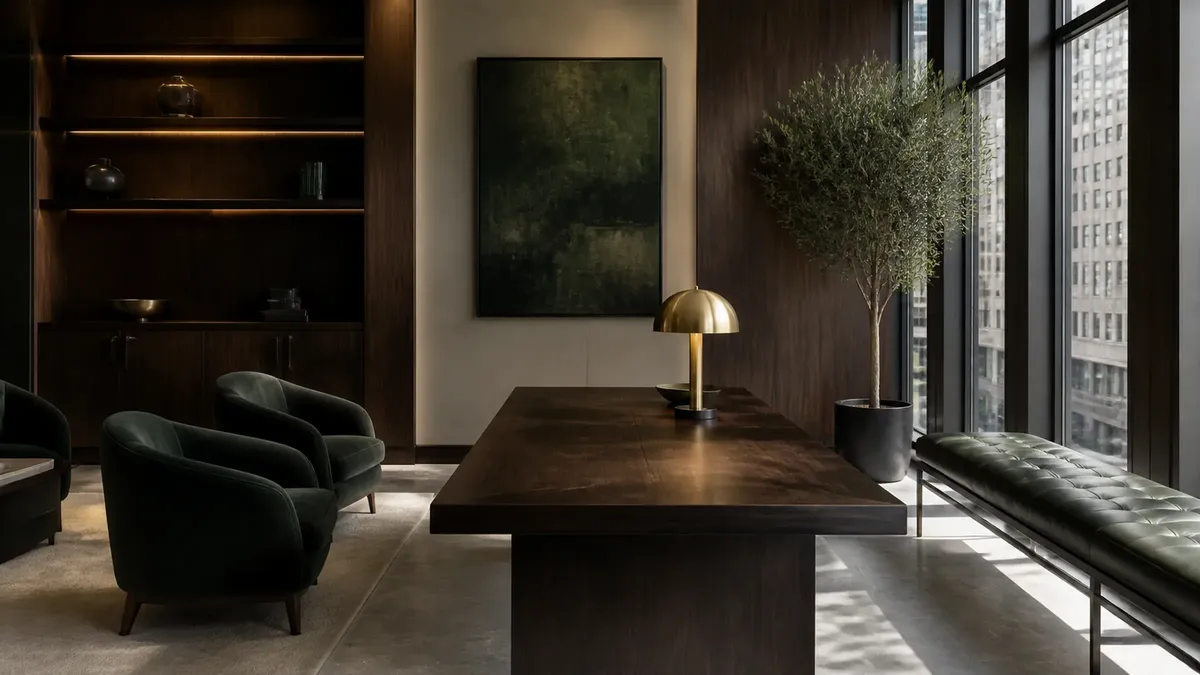 A dark wooden desk with a brass lamp in an office with tall windows overlooking city buildings