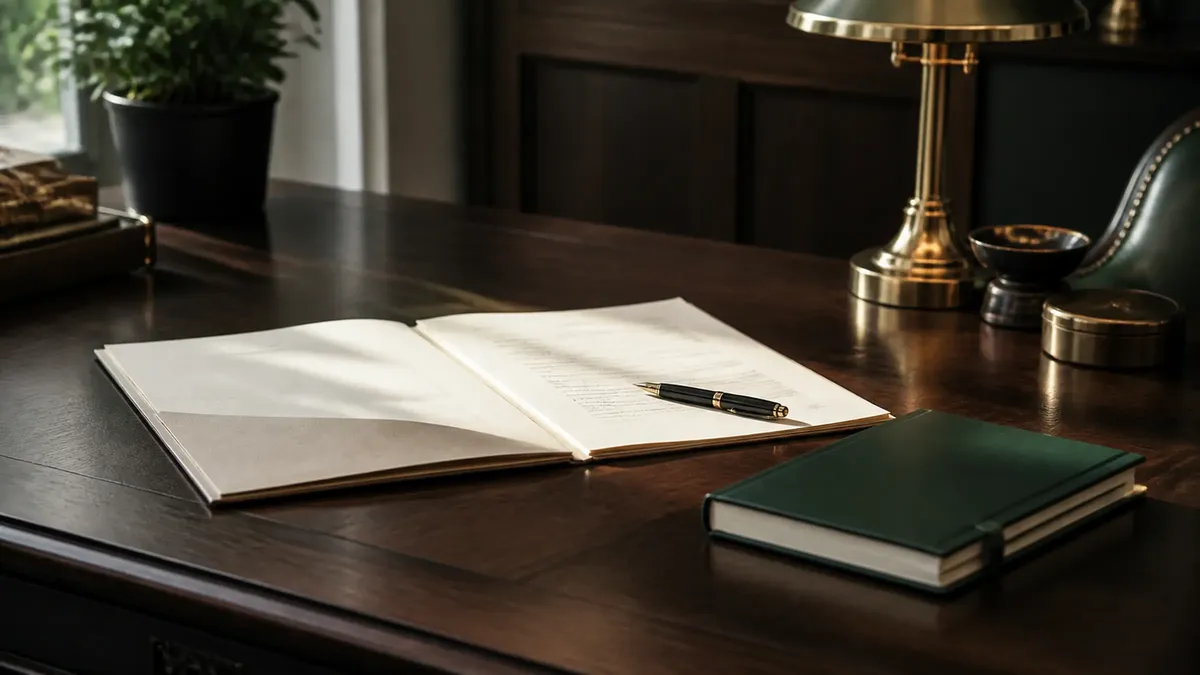 An open notebook and fountain pen beside a green leather journal on a dark wooden desk with a brass lamp