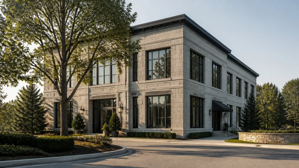 A two-storey stone commercial building with tall black-framed windows, surrounded by mature trees