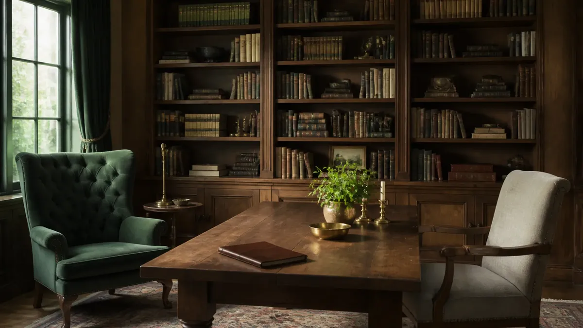 A library with floor-to-ceiling bookshelves, a green tufted armchair and a leather-bound book on a wooden table