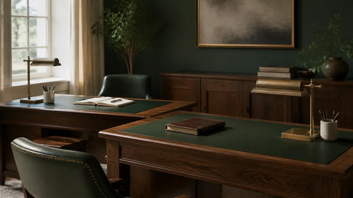 A partner's desk with a green leather top, a closed book and brass desk accessories in a sunlit office
