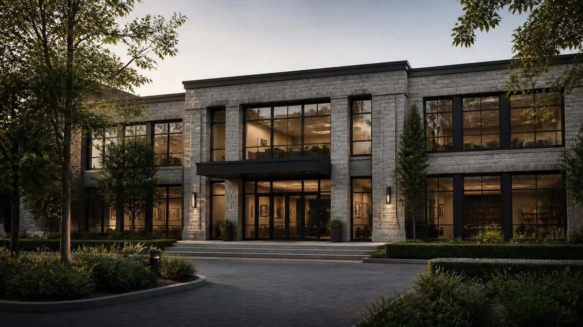 A modern two-storey stone and glass commercial building with landscaped grounds at dusk