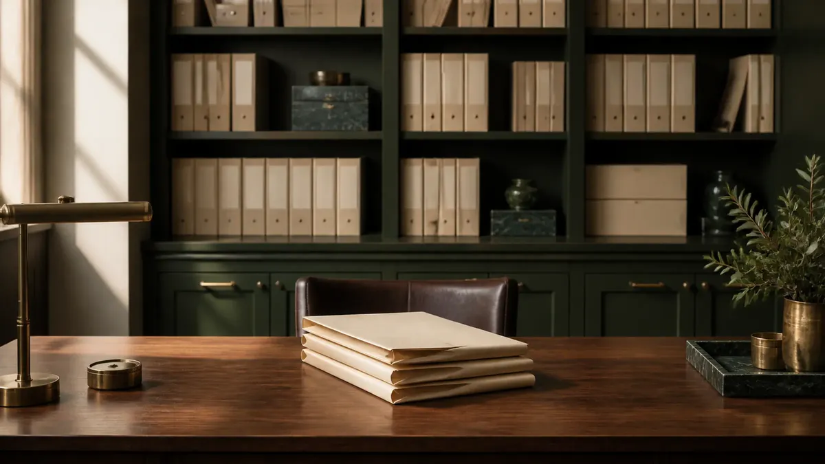 Neatly labeled binders on green shelving behind a desk holding a stack of cream folders