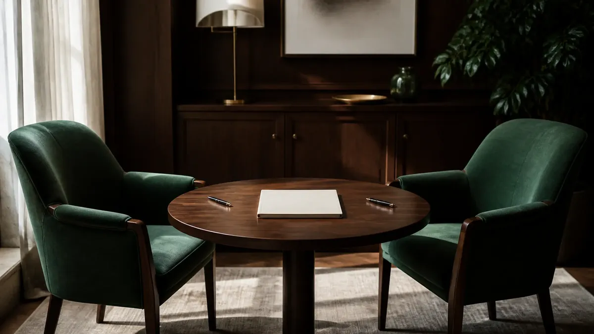 Two green velvet armchairs facing each other across a small round table holding a single document