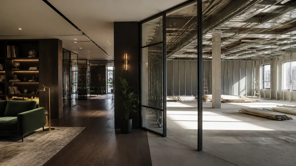A finished office corner opening through a glass partition into an unfinished space under construction