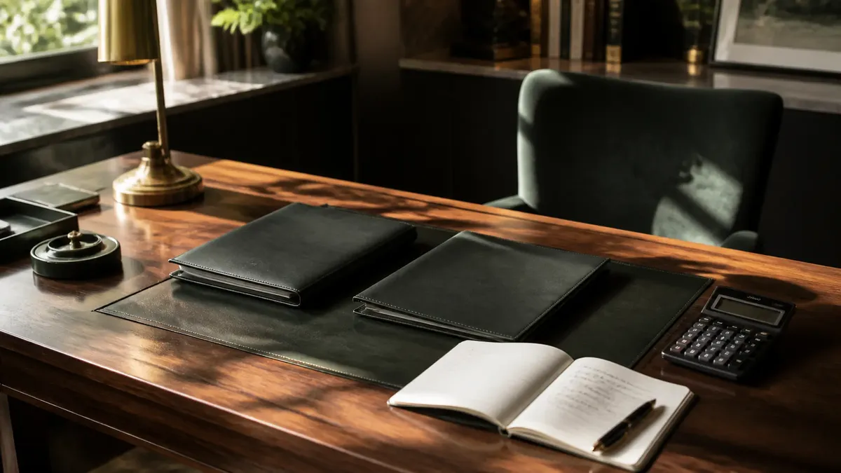 Two leather folios, an open notebook and a calculator on a desk in warm afternoon light