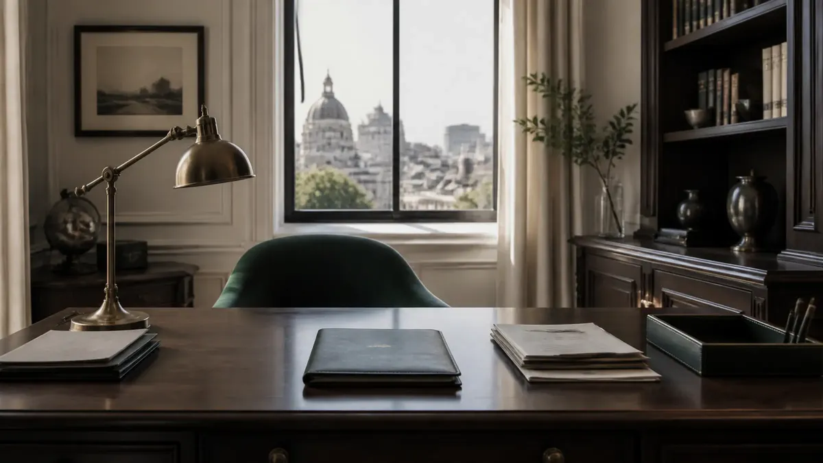 A tidy desk with folders and a brass lamp before a window overlooking a historic city skyline