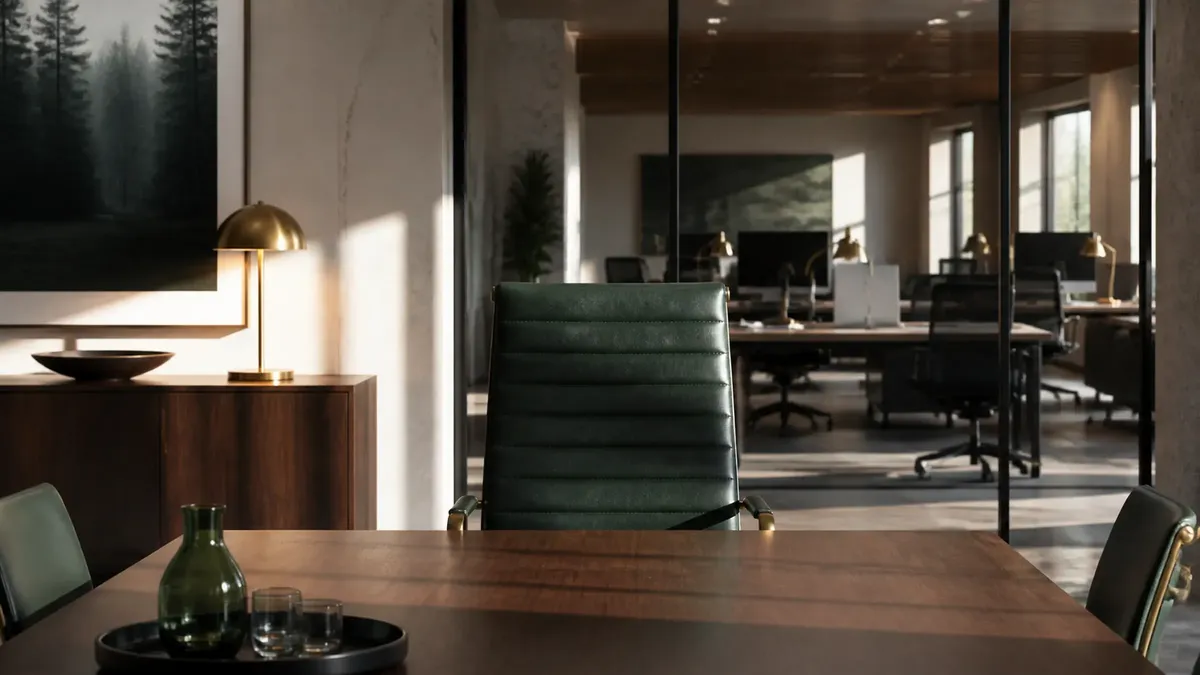 An empty leather executive chair at a walnut table, with an open-plan office visible through glass behind it